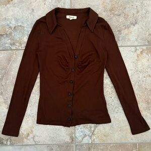 Madewell Ruched Polo Cardigan Women’s XS Brown Long Sleeve Button Up Collared